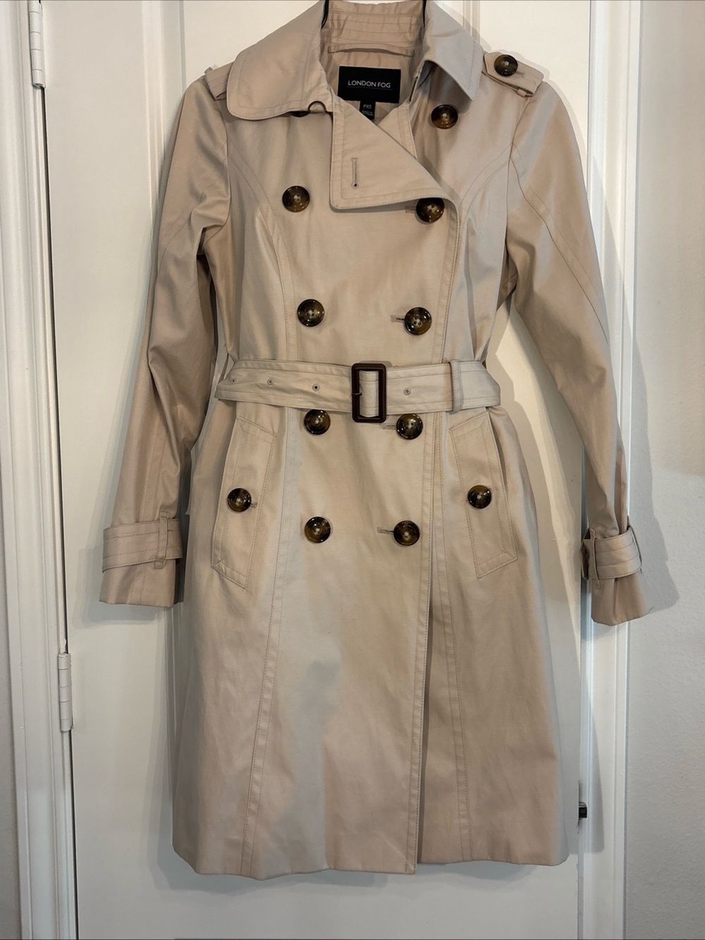 London Fog Women’s Classic Beige Double-Breasted Trench Coat with Belt. PXS